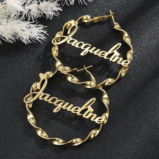 MYDIY Custom Name Hoop Earrings โ Personalized Stainless Steel Twist Hoops