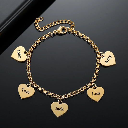 Gold Heart Charm Bracelet โ Personalized Engraved Pendant Gift for Her