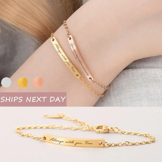Gold Skinny Coordinate Bracelet โ Custom Engraved Bar Bracelet for Her